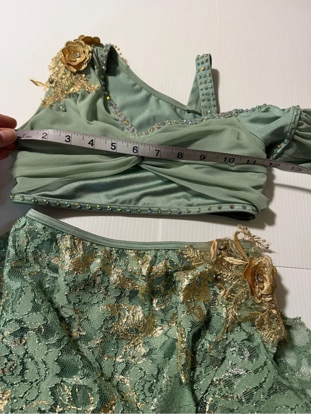 Weissman Elite dance costume 2 piece August 15286 sage green MC-Medium child